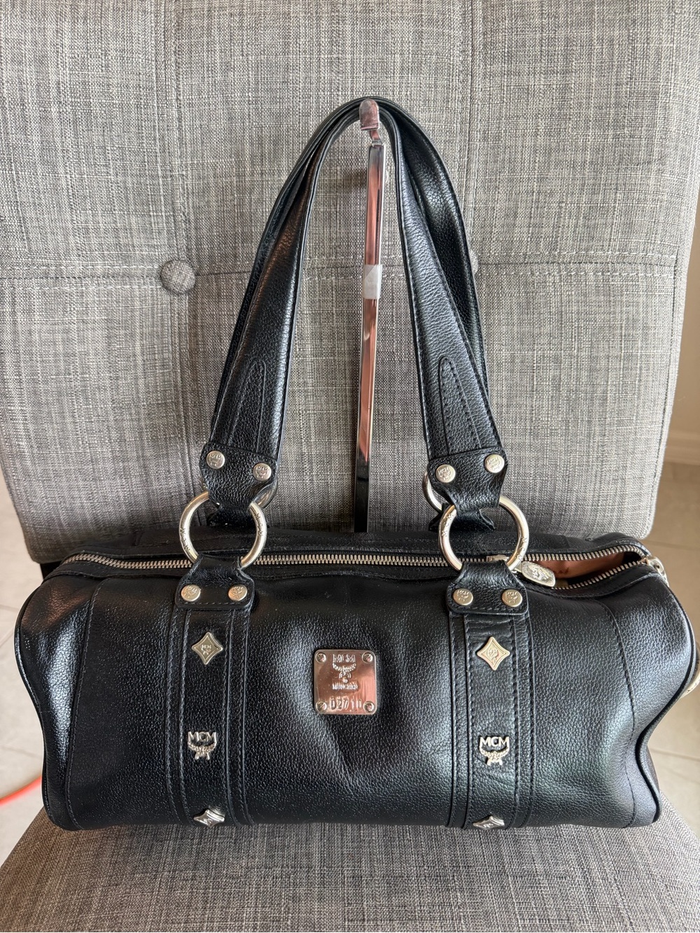 MCM Black Leather Barrel Shoulder Bag with Silver Accents